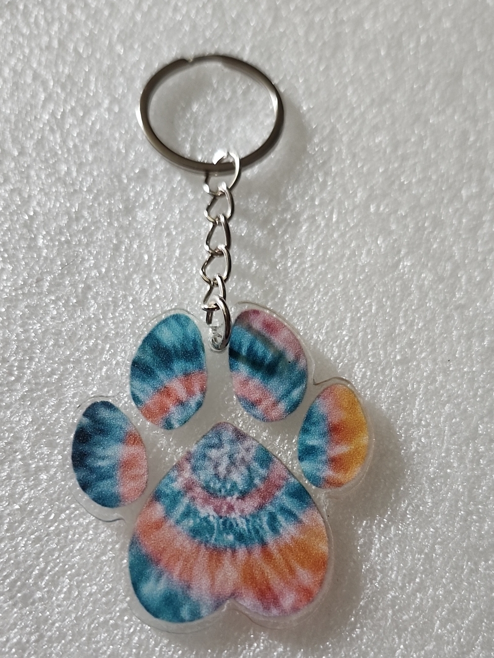 Hand Crafted Tie-Dye Paw Print Keychain - Blue, Pink, Orange